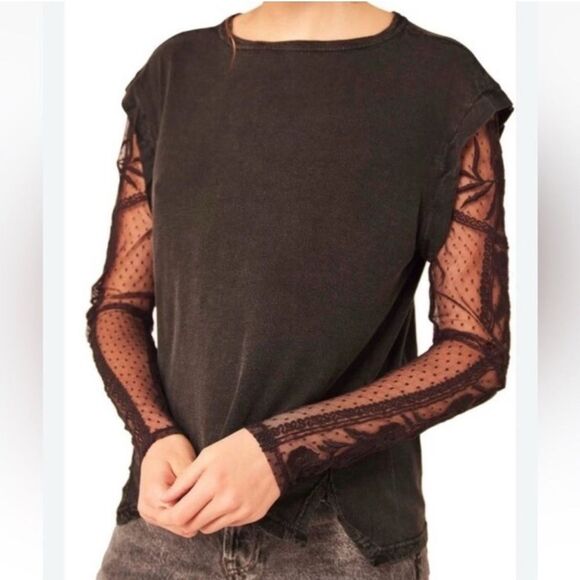 Free People Black Billy Jean Twofer Top Small – Embroidered Lace Sleeves - Picture 2 of 15
